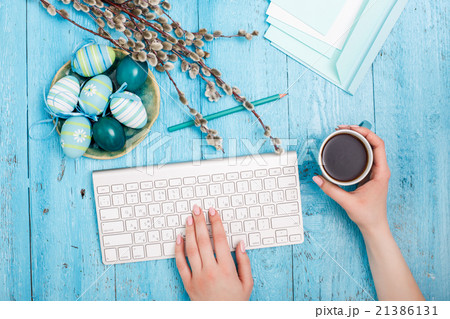 The top view of easter on wooden table office 21386131