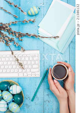 The top view of easter on wooden table office 21386132