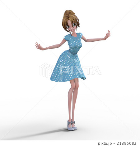 青い水玉ドレスの女性　perming3DCGイラスト素材 21395082