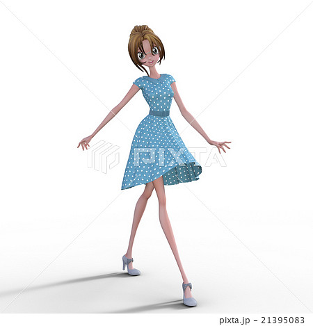 青い水玉ドレスの女性　perming3DCGイラスト素材 21395083
