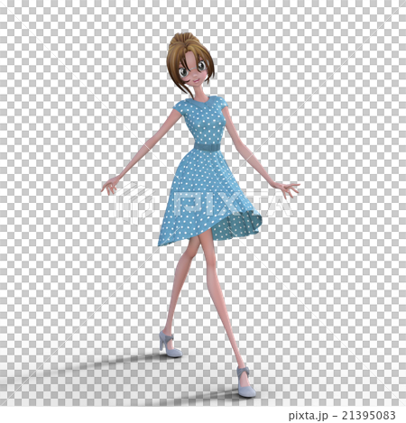 青い水玉ドレスの女性　perming3DCGイラスト素材 21395083