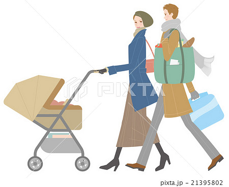 ベビーカーを押す若い夫婦　冬 21395802
