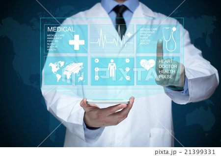 Doctor working on a virtual screen. medical 21399331