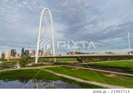 Margaret Hunt Hill Bridge and Dallas downtown, TX 21407713