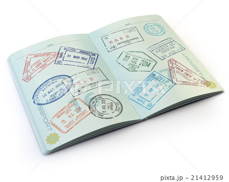 Opened passport with visa stamps on the  page 21412959