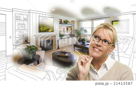 Woman With Pencil Over Living Room Drawing Photo Woman With Pencil Over Living Room Drawing Photo 21413587