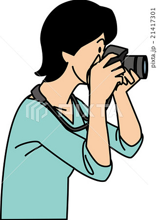 一眼レフのカメラで撮影する２０代女性のイラスト素材