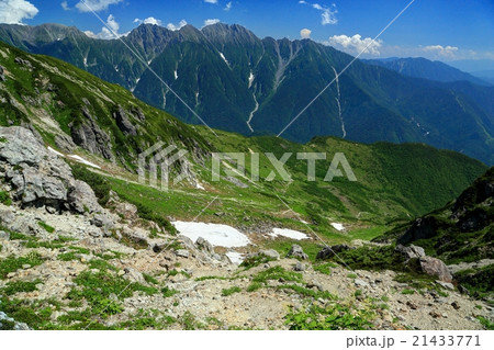 北アルプス・抜戸岳稜線から見る杓子平と穂高連峰 21433771