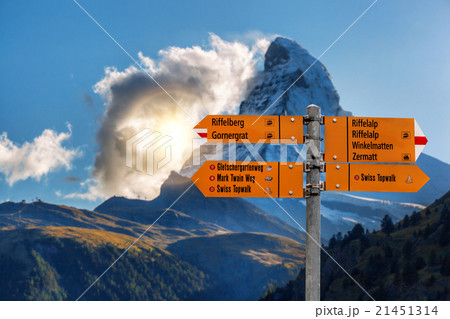 Signpost with famous Matterhorn in Switzerland 21451314