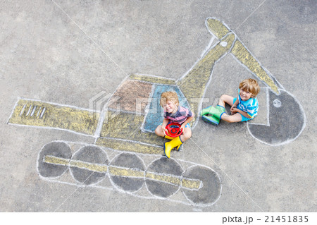 Two little kid boys with excavator chalk picture Two little kid boys with excavator chalk picture 21451835