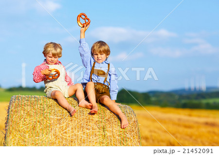 Two little kid boys and friends sitting on hay 21452091