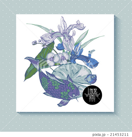 Vintage pond watery flowers vector greeting card Vintage pond watery flowers vector greeting card 21453211