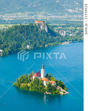 Bled - mountain lake with island church and castle 21456629