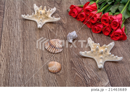 Starfishes, shells and roses on wooden background Starfishes, shells and roses on wooden background 21463689