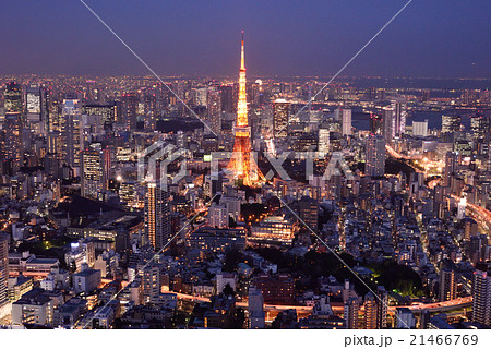 六本木ヒルズ屋上から見た東京タワーと夜景の写真素材