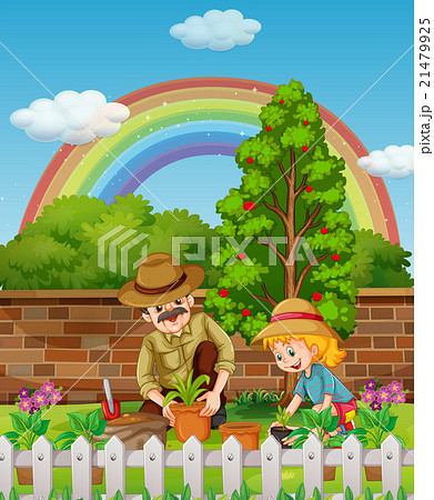 Father and daughter planting tree in garden Father and daughter planting tree in garden 21479925