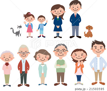 3世帯家族男女ペアと犬と猫のセットのイラスト素材