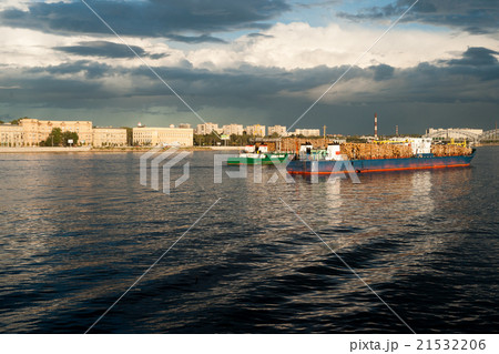 Large container vessel in Neva river in Saint 21532206