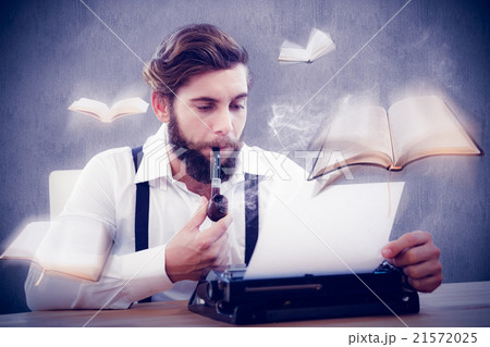 Composite image of hipster with smoking pipe working on typewriter 21572025