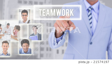 Composite image of businessman touching invisible screen 21574197