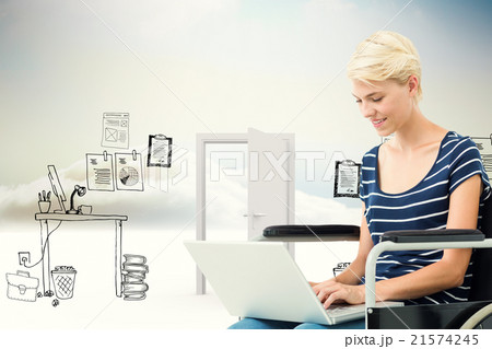 Composite image of woman in wheelchair using computer Composite image of woman in wheelchair using computer 21574245
