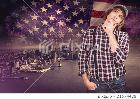 Composite image of focused hipster man thinking Composite image of focused hipster man thinking 21574429