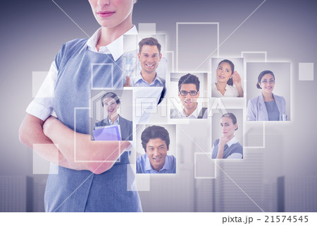 Composite image of portrait of serious businesswoman standing ar 21574545