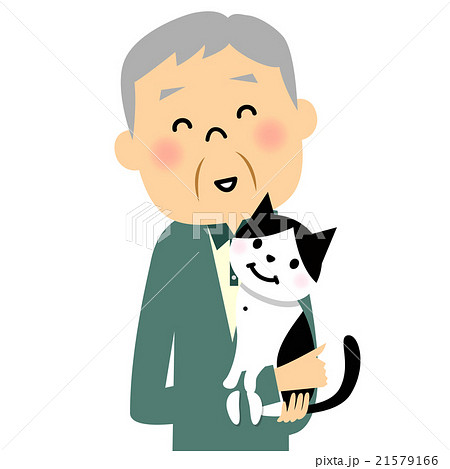 シニア おじいちゃんと猫のイラスト素材