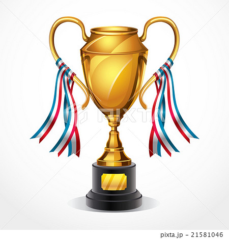 Golden award trophy and ribbon. 21581046