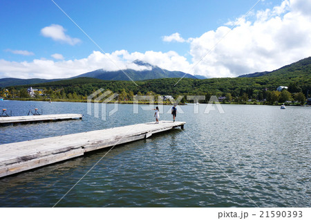 白樺湖と蓼科山と桟橋の上の兄妹 白樺湖と蓼科山と桟橋の上の兄妹 21590393