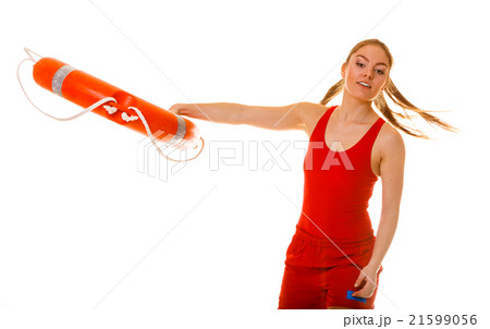 Lifeguard on duty with ring buoy lifebuoy. Lifeguard on duty with ring buoy lifebuoy. 21599056