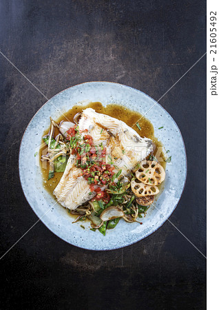 Halibut with Thai Vegetable on Plate 21605492
