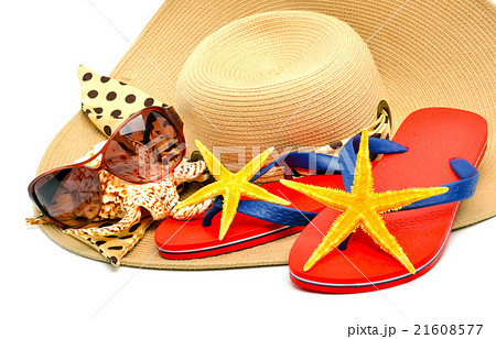 red flip flops with starfishes, sunglasses 21608577