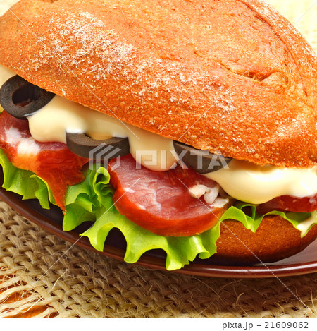 Hamburger with green lettuce, ham  21609062