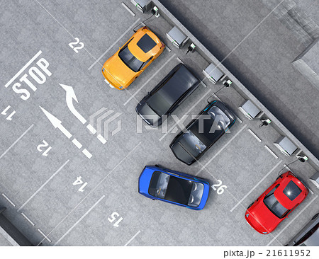 鳥瞰の駐車場に青色クルマが駐車スペースにバックしているのイラスト素材
