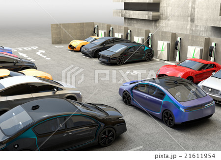急速充電器が備える駐車場に充電スポットを探している青色電気自動車 21611954