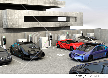 急速充電器が備える駐車場に充電スポットを探している青色電気自動車 21611955