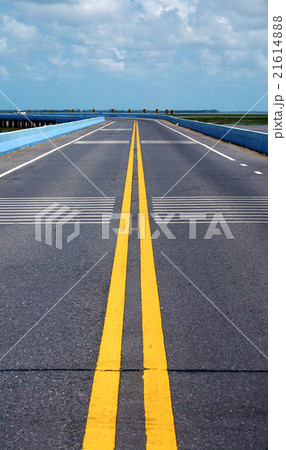 Empty road and the yellow traffic lines. 21614888