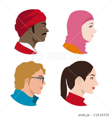 様々な国や人種の男性と女性 横顔アイコン アバターのイラスト素材
