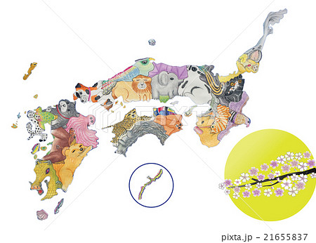 地図の動物 西日本 水彩色鉛筆 月と桜のイラスト素材