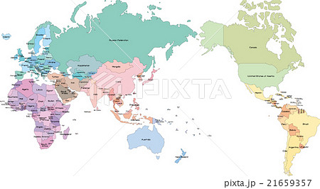 世界地図国別色分け国名入りのイラスト素材