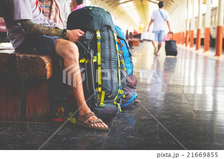 man traveler waiting for train and travel ba man traveler waiting for train and travel ba 21669855