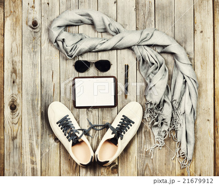 Set of travel items. Top aerial view. 21679912