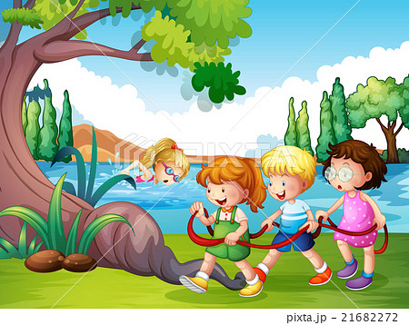 Three kids playing in the park Three kids playing in the park 21682272