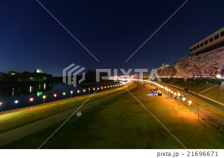 岡山さくらカーニバル夜景と岡山城の写真素材