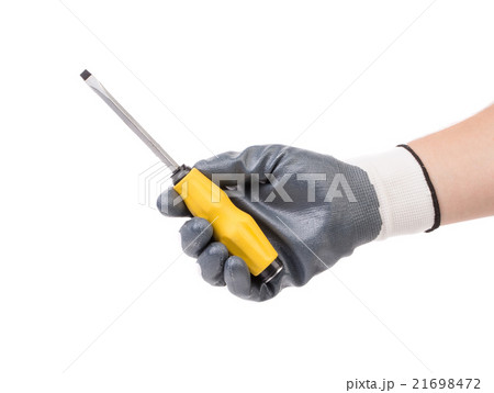Hand in glove holding screwdriver. 21698472