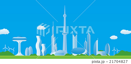 近未来の都市 様々な建物と交通 ベクターイラストのイラスト素材
