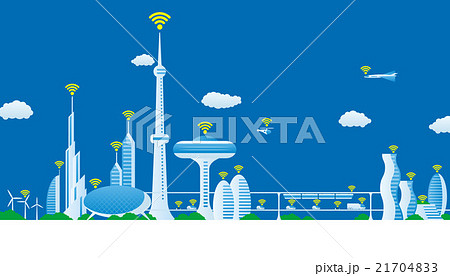近未来の都市とワイヤレスネットワーク 様々な建物と交通 ベクター