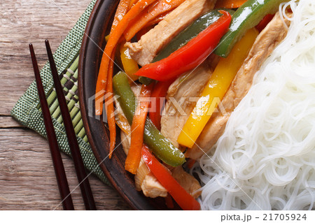 chicken with rice noodles macro top view chicken with rice noodles macro top view 21705924