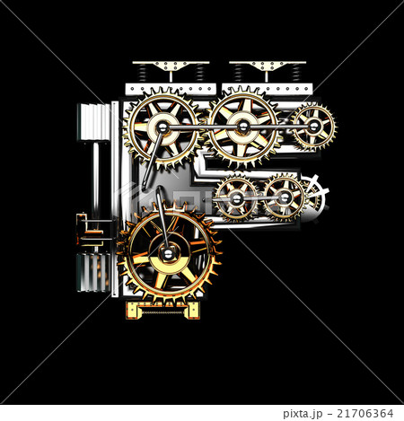 f isolated metal letter with gears on black 21706364
